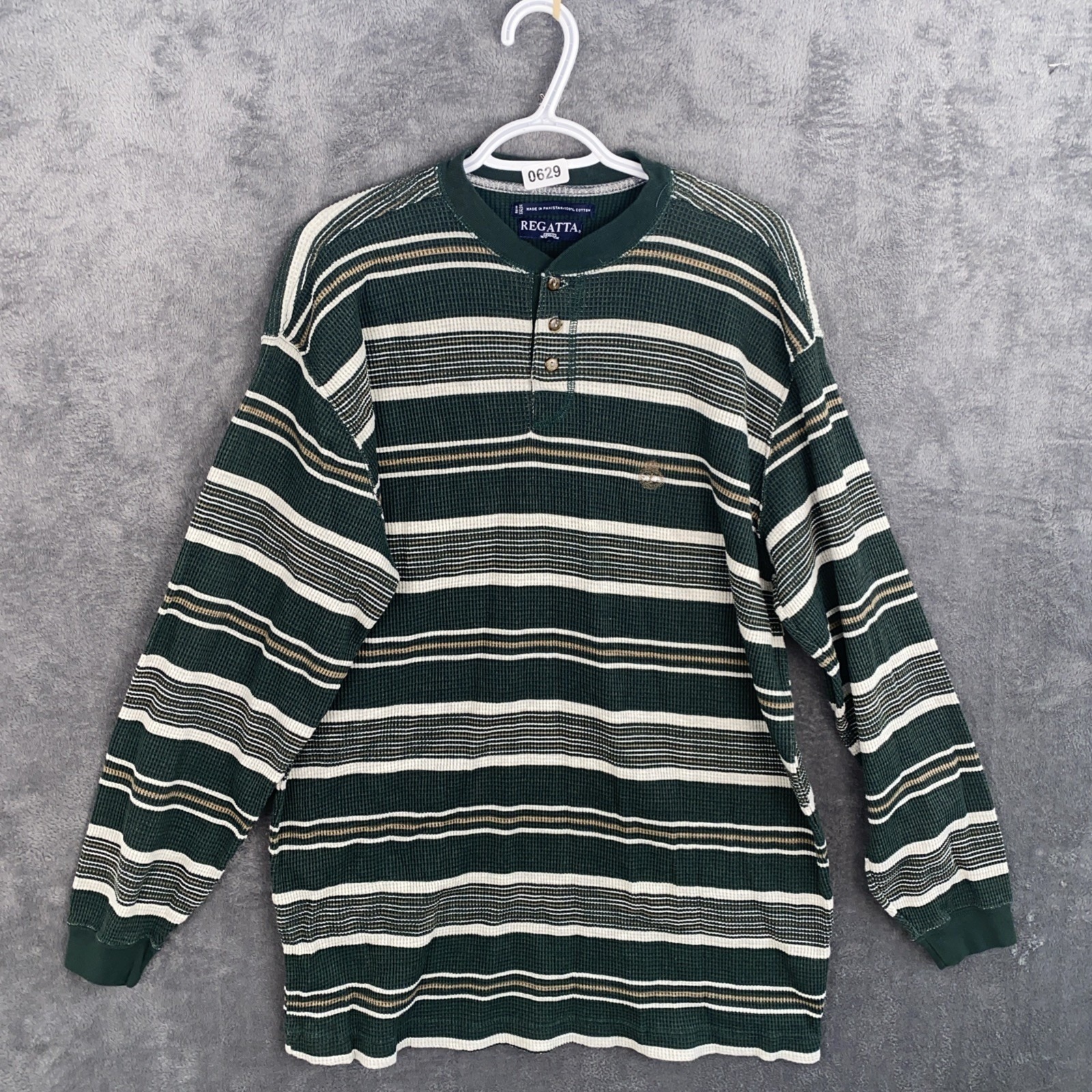 Vintage Regatta Waffle Knit Henley Shirt Mens Xl Green Stripe Y2k Skater Preppy
